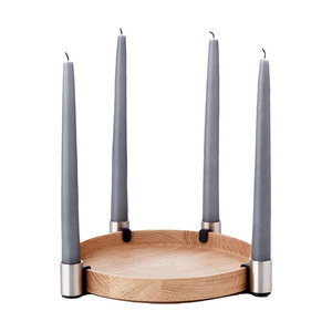 Plateau rond en bois pour bougies coniques avec quatre supports métalliques à clipser pour une décoration moderne de table. - Product Image 1