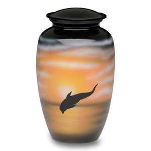Dolphin Sunset Ocean Metal Cremation Urn with Peaceful Sea Artwork for Loving <b>Memorial</b> Ashes - Product Image 1