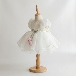 Robe de Soirée de Luxe Enchantée pour Bébé, Robe de Princesse en Organza et Tulle Ivoire, Manches Bouffantes, Col Perlé, Applique Tulipe 3D, Boutique Enfants - Product Image 2