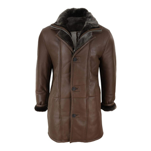 Men's Genuine Leather Overcoat With <b>Fur</b> Lining Notched Lapel Knee Length Single Breasted Coat - Product Image 2