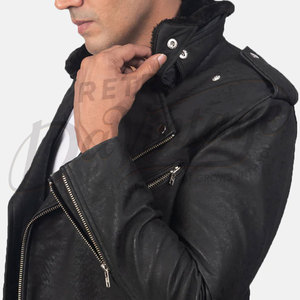 Chaqueta de Motociclista de Cuero de Gamuza Negra para Hombre, Chaqueta de Invierno con Cuello de Piel, Corte Ajustado, Estilo Casual - Product Image 2