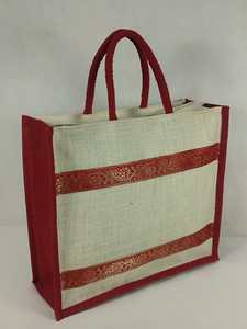 Sac fourre-tout en jute naturel avec ruban floral décoratif, fermeture éclair supérieure en corde rouge, réutilisable, écologique, pour mariage et exposition - Product Image 2