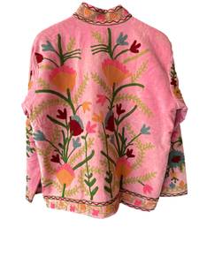 Pink Velvet Embroidered Floral Jacket Mandarin Collar Full Sleeve Breathable Winter <b>Coat</b> Cotton Lining Hand Embroidery Design - Product Image 5