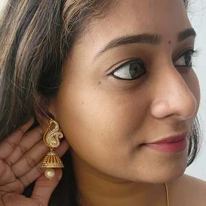 18K Gold Plated Pearl Drop Charm Earrings-Ethnic Religious Geometric Jhumki - Product Image 3