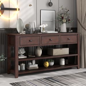 Retro Design <b>Pine</b> Solid Wood Console <b>Table</b> with Open Shelves and Legs for Living Room Decor - Product Image 3