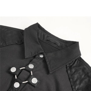 <b>Men's</b> Gothic Short Sleeve Shirt Punk Black Cotton Slim Fit with O-Ring Harness & PU Leather Trim - Product Image 4