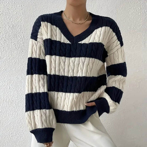 Pull en tricot chaud et moelleux à blocs de couleurs pour femme, à manches longues et rayures, coupe ample et décontractée, grandes tailles - Product Image 5