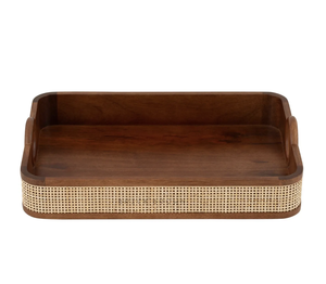 Plateau de service rectangulaire en bois artisanal Tayyab avec poignées métalliques, design géométrique minimaliste multifonctionnel, plateau décoratif - Product Image 2