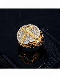 Premium <b>Mens</b> Hip Hop Jesus Cross <b>Ring</b> Diamond Look Round Top 925 Sterling <b>Silver</b> 10K 14K Gold Finish Party Wear Jewelry - Product Image 2