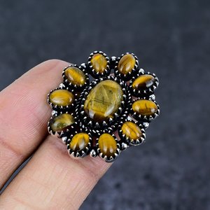 Anillo de Racimo de Ojo de Tigre Natural, Chapado en Plata 925, Diseño Floral Vintage, Engaste de Canal, Joyería Unisex, Regalo para Esposa - Product Image 2