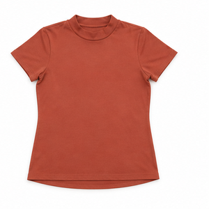 T-shirt personnalisé en jersey de coton côtelé doux pour femme, coupe ajustée moderne, col montant, manches courtes, couleur terre cuite - Product Image 6