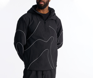 Ensemble tendance 2027 pour homme : survêtement noir à capuche en polyester longueur intégrale, style streetwear avec passepoil blanc ondulé, collection printemps décontractée - Product Image 3