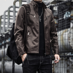 Chaqueta de Cuero PU Negra para Hombre, Cuello Alto, Cierre Frontal con Cremallera, Estilo Casual, para Motocicleta, Ropa de Invierno - Product Image 4