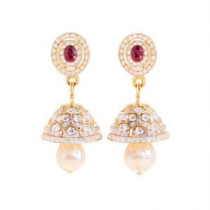 18K Gold Plated Brass Drop Jhumka Earrings with Zircon for Party - Product Image 2