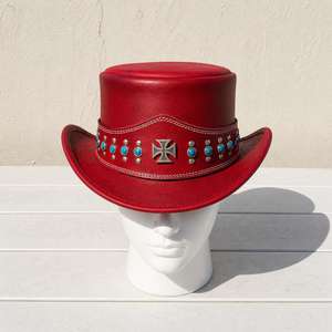 Wholesales Custom made Handmade <b>Red</b> Leather Cowboy <b>Top</b> <b>Hat</b> Turquoise Studded Western Gothic Cross Biker <b>Hat</b> - Product Image 5