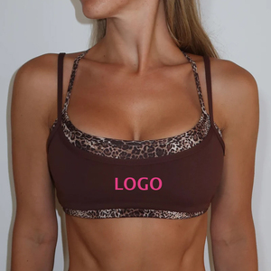 Soutien-gorge de sport marron à imprimé léopard pour femme avec bretelles convertibles, short, col, extensible, respirant, bordure contrastante, logo avant et arrière - Product Image 1