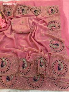 Sari-Blouse Femme en Satin Spatial à Paillettes et Broderies Motifs Traditionnels avec Bordure Brodée – Idéal pour Tenues Occasionnelles - Product Image 3