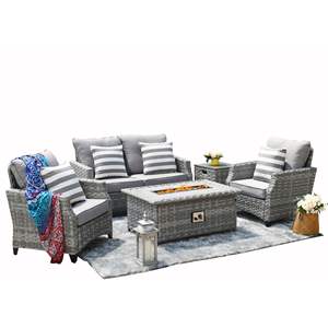 Grey <b>Fire</b> <b>Pit</b> <b>Table</b> <b>with</b> Rattan Wicker Sofa Chair Set Outdoor <b>Garden</b> <b>Furniture</b> - Product Image 2
