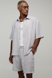Ensemble chemise et short gris clair pour homme, couleur unie, décontracté, pour l'été, tissu respirant, col rabattu - Product Image 2