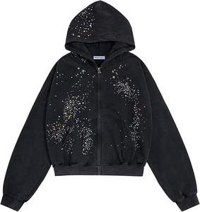 Sweat-shirt à capuche zippé surdimensionné vintage Ammiri personnalisé avec strass, imprimé étoiles, en molleton de coton épais, pour hommes et femmes, style streetwear - Product Image 1