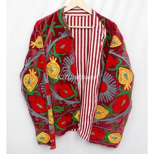 Handmade Knitted Breathable <b>Velvet</b> Suzani Embroidery Regular <b>Women's</b> Varsity Jacket Cotton Filled Mandarin Collar Best Price - Product Image 3