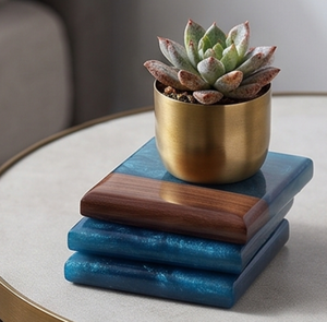 Posavasos cuadrados de resina azul y madera de nogal de lujo, modernos, antideslizantes, para mesa de comedor y cocina. - Product Image 6