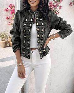 CHICME Denim <b>Jacket</b> for <b>Women</b> Double Breasted Button up Stand Collar Washed Casual Long Sleeve <b>Lightweight</b> Fall Coat - Product Image 1