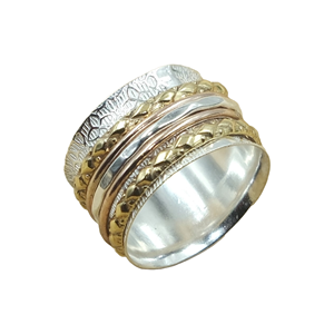 Anillo Giratorio Hecho a Mano de Plata, Latón y Cobre, Anillo de Meditación de Banda Ancha con Patrón Texturizado, Joyería para Aliviar la Ansiedad, Regalo Unisex para Ella y Él - Product Image 1