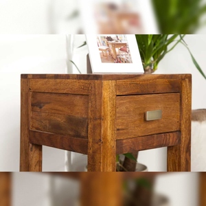Vandana Modern Texture Wood <b>Side</b> <b>Table</b> MAKASSAR 70cm Brown Sheesham Stone Finish with Storage Space <b>Bedroom</b> Furniture - Product Image 3