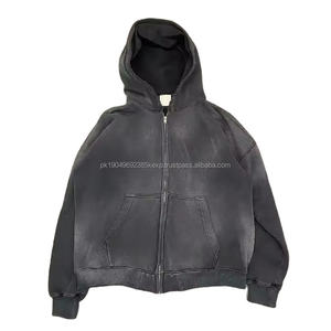 Streetwear Hoodie No String Fleece Blank Boxy Zip Up Vintage Acid Wash Sun Faded Distressed Hoodies Pour Hommes - Product Image 1