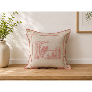 Premium Linen Embroidered <b>Throw</b> Pillow Cover | Botanical & Bird Decorative Cushion - Product Image 1