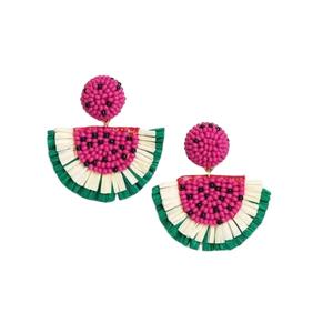 Pendiente de gota de rafia sandía rosa fuerte bordado con cuentas hecho a mano con joyería de declaración elegante de alta calidad Premium para niña - Product Image 1