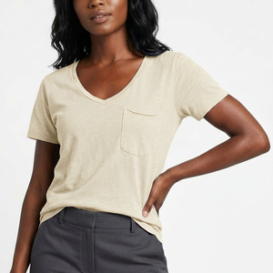 Women's Smart Casual V-Neck Pocket Tee Short Sleeve Soft Cotton Fitted Cut Chest <b>Patch</b> Custom Logo OEM Wholesale Manufacturer - Product Image 1