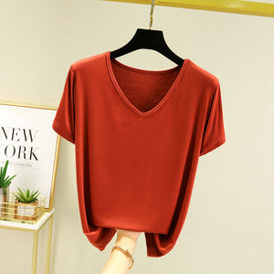 T-shirts en coton modal de bonne qualité, unis, en gros, col en V, manches courtes, tops d'été, mode coréenne, décontractés, pour femmes - Product Image 3