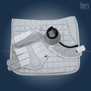 Light Gray Sparkle Dressage Saddle Pad Matching Set Brushing Boots Bell Boots Custom Logo Silver Cord Trim <b>Equestrian</b> Set - Product Image 1