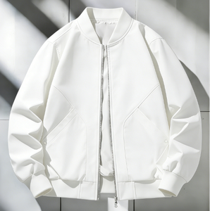 Blouson bomber blanc pour homme, col montant, fermeture éclair, coupe décontractée, vêtement d'automne, coupe-vent, en polyester - Product Image 1