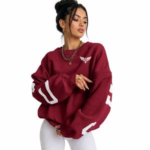 Sudadera Oversize de Cuello Redondo para Mujer, Color Borgoña, de Forro Polar, Estilo Casual Urbano, Manga Larga, Ajuste Holgado, Sudadera de Invierno - Product Image 1