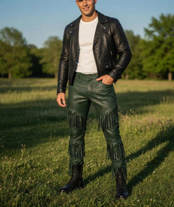 Pantalon en cuir véritable vert pour homme, style motard, coupe skinny, longueur intégrale, avec franges et pompons, idéal pour l'automne - Product Image 3