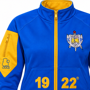 Chaqueta Azul Rey y Dorado para Mujer con Cremallera Completa, Diseño de Escudo Bordado 1922, Cuello Alto, Manga Larga, Ropa Deportiva Casual - Product Image 5