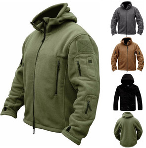 Men's Olive Green Fleece Unhooded Jacket Zipper Closure Casual Waterproof Eco-Friendly <b>Winter</b> Wear Front Logo Design High Street - Product Image 2