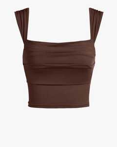 Jupe midi asymétrique plissée marron chocolat avec fente latérale - Product Image 5