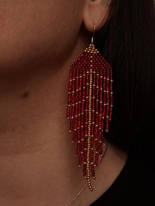 Pendientes de flecos con cuentas rojas hechos a mano, joyería elegante, pendientes largos con borlas, accesorios de moda para mujer, fabricación de joyas - Product Image 2