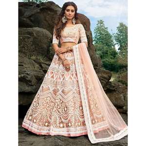 Glamorous Peach Sequins <b>Net</b> Engagement Wear Lehenga Choli with <b>Dupatta</b> for Prom Dresses - Product Image 5
