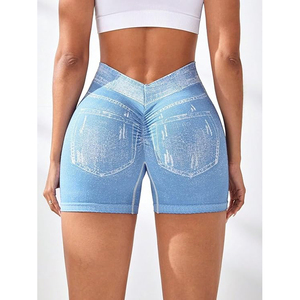 Denim Print Faux Jean Women <b>Booty</b> Shorts High Waisted Activewear Seamless Workout Shorts with Contouring - Product Image 3
