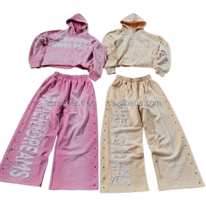 Customized Streetwear Sweatsuit for <b>Men</b> 100% Cotton Winter Sets Embroidered Rhinestone Hoodie Flared Baggy <b>Pants</b> Eco-Friendly - Product Image 1