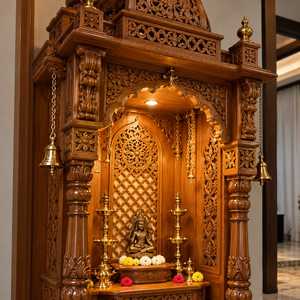 Wooden Pooja <b>Mandir</b> Home Temple 6 Feet Tall 3 Feet Wide Designer Hindu Prayer Unit with Intricate Hand Carved Floral Jaali Work - Product Image 3