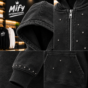 Sweat à capuche noir vintage pour homme avec fermeture éclair, détails en strass et logo sur la poitrine, design streetwear - Product Image 6