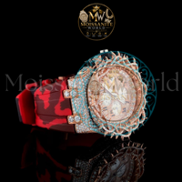 Montre de luxe pour homme, style antique, à quartz, avec couronne à épines, moissanite, lunette en or rose sertie de diamants, bracelet en caoutchouc rouge, 46 mm, style Hip Hop pour homme