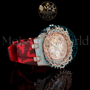 Reloj de Lujo para Hombre, Diseño Antiguo con Corona de Espinas, Cuarzo, Moissanita, Bisel de Diamantes en Oro Rosa, Correa de Goma Roja, 46mm, Estilo Hip Hop - Product Image 3