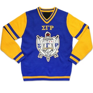 Cárdigan Azul de Punto para Mujer Sigma Gamma Rho, Cuello en V, Manga Larga con Ribete Amarillo, Escudo Bordado, Estilo Preppy - Product Image 1